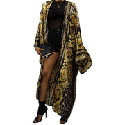 Long Kimono Robe in Leopard gold and Black worn over shorts