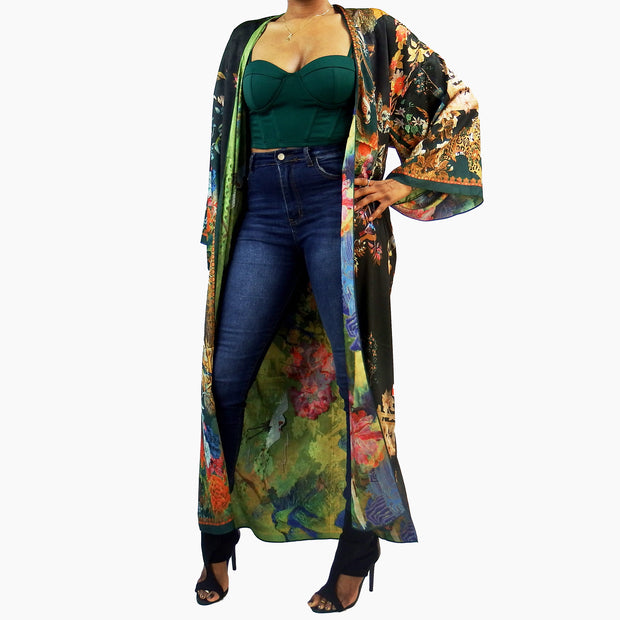 Floor length satin cardigan lined with mixed pattern flowered green inner lining
