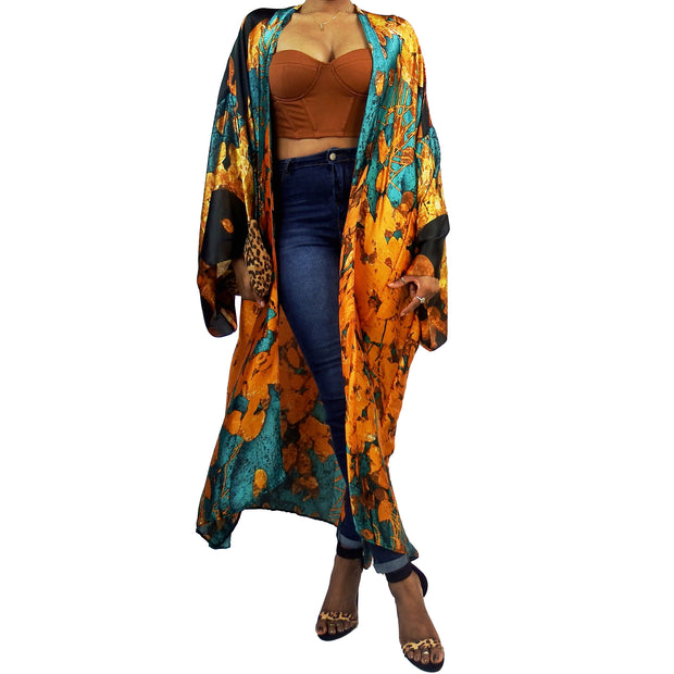Long kimono jacket worn over clothing can also be worn as beach coverup or loungewear