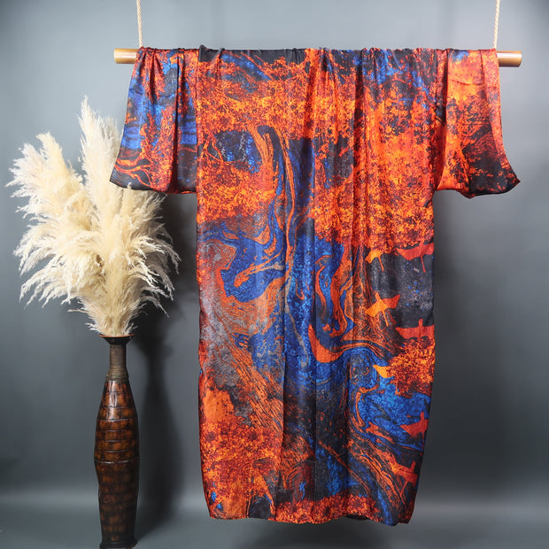 long wide sleeve kimono robe in orange and blue