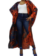 Long kimono is orange red & blue Kimono loungewear duster cover up