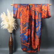 Long floor length kimono dress robe in orange and blue cranes