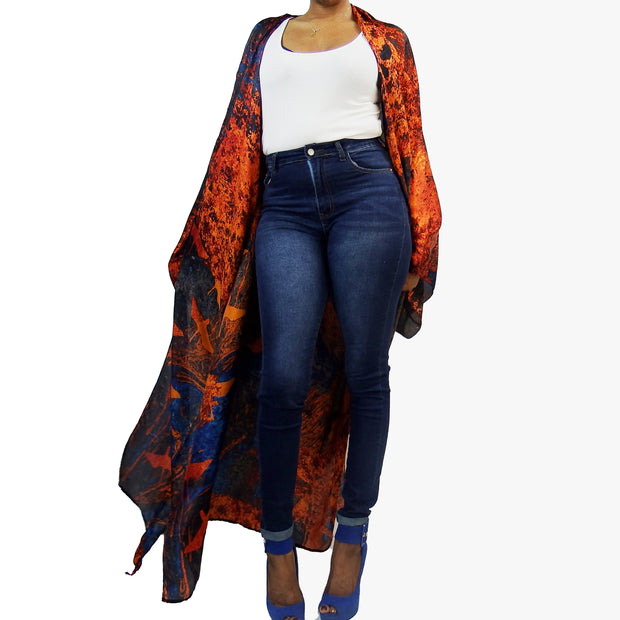 orange and blue long kimono cardigan jacket floor length kimono for women