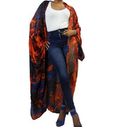 Flowy kimono robe in satin blue & orange floor length kimono jacket