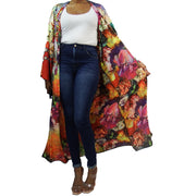 Floor length kimono robe showing inner lining in bright floral pattern