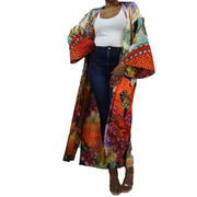 Kimono cardigan with red colorful outer satin pattern and large flowery inner mixed pattern lining