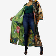 Black and Green Japanese motif long sleeve kimono or swimsuit cover up