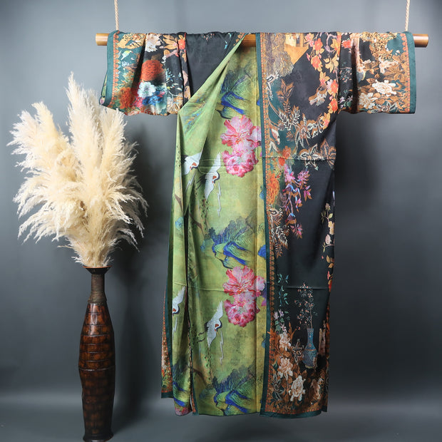 Black and Green satin robe with mixed pattern floral lining