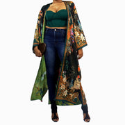 woman in black fashion kimono with green inner lining