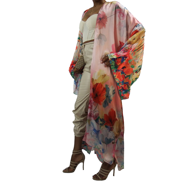 floor length kimono cardigan robe worn with high heel open toe sandals as a swimsuit cover up
