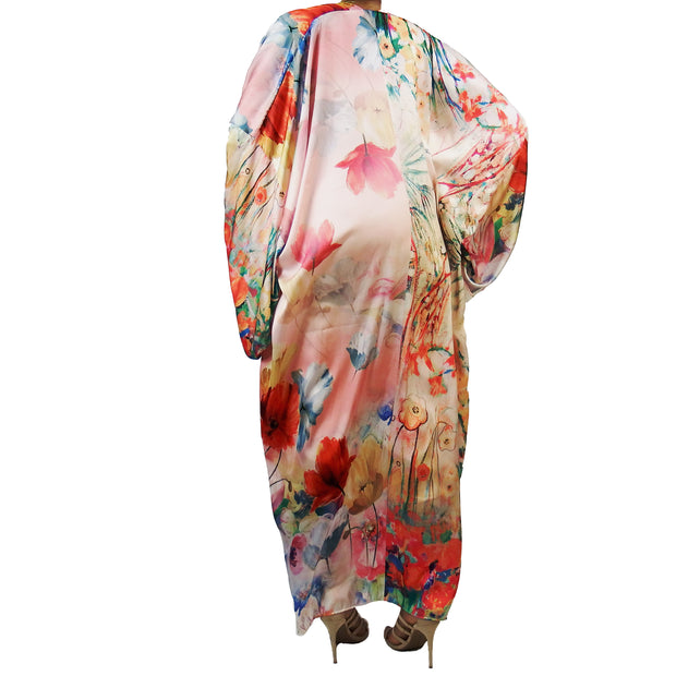 swimsuit cover up kimono robe swon from the back on flower printed pattern