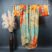 Long sleeve floor length kimono cardigan robe in teal and orange lightweight satin