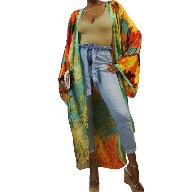 Golden yellow kimono duster worn over jeans and t-shirt