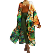 Flowing jungle print floor length kimono robe green/gold