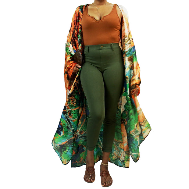 Green flora printed kimono duster jacket with lightweight flow and movement