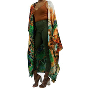 Floor length fashion kimono robe in green forest motif