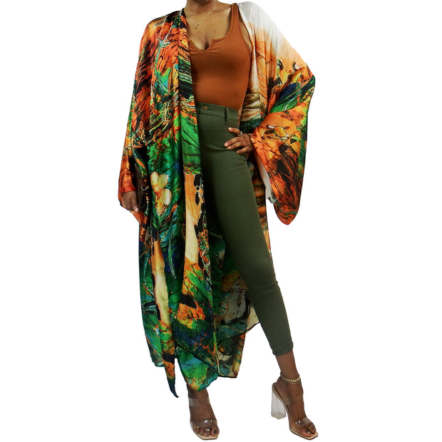 Long length long sleeve kimono cardigan for loungewear or day wear over clothing