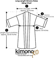 KimonoXO Sizing Chart for Long Floor Length Kimono Robes.  The Kimono can be worn as a statement cardigan over clothing, as luxurious loungewear or as as swim suit cover-up.