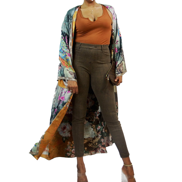 Grey floral print kimono with copper brown inner lining midweight for movement and sway