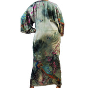 Gray floor length kimono robe with peacock print and copper brown inner ling with floral print