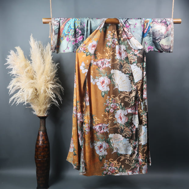 Satin Grey floor lenth robe shwoing inner print with beige flowers on copper brown background