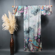 Back of grey patterned kimono with painted peacock and purple flowers