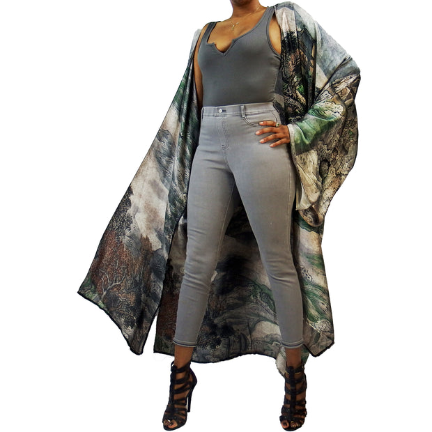Kimono statement jacket in shades of grey painted with mountains and grey rivers