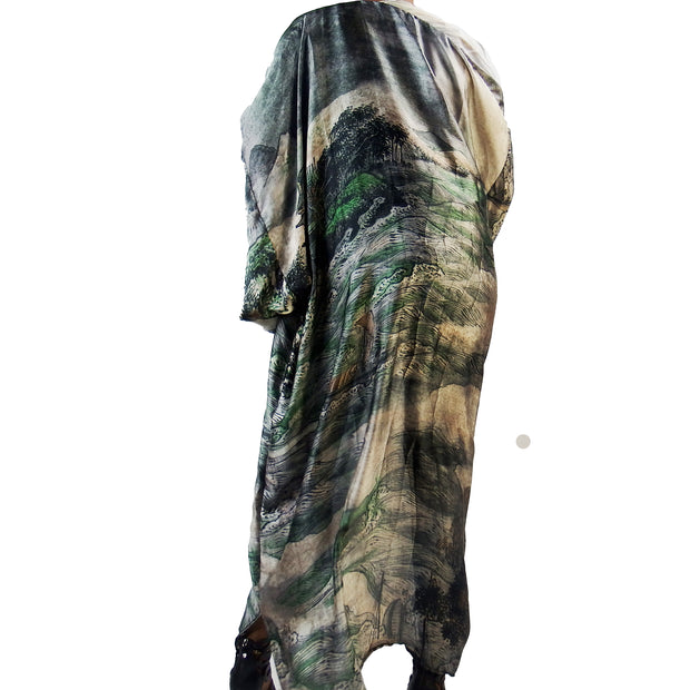 Grey kimono duster pictured from the back showing grey streams and mountains