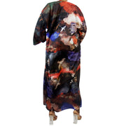 cranes and unicorns decorate the back of this floor length kimono jacket