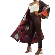 flowered kimono robe blowing the breeze pictured on tall woman wering coordinating outfit