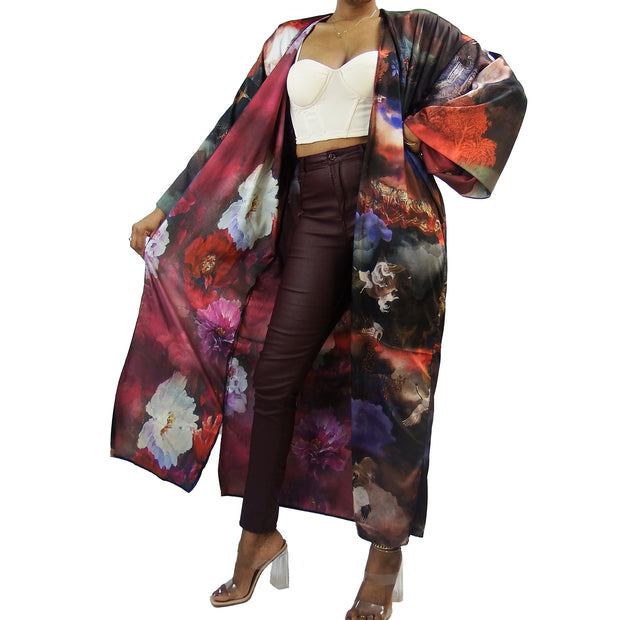 Long kimono with mixed pattern inner lining and unicorn painted outer satin