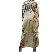 beige and taupe floor length kimono robe pictured from the back with muted floral pattern