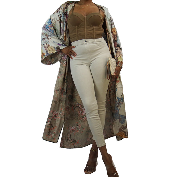 Floor length kimono jacket statement piece in taupe beige and nude tan shades