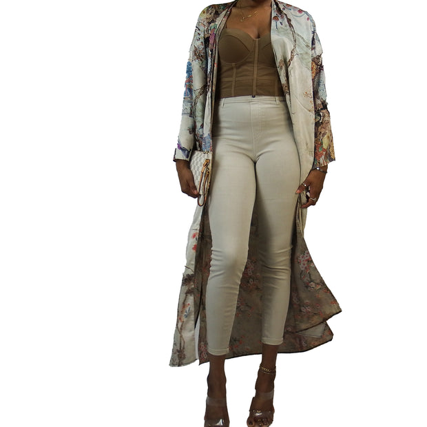 Nude taupe and light beige long kimono duster robe worn with off white paints and clear heels