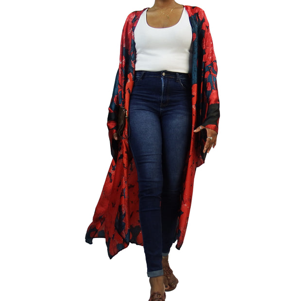 KimonoXo long duster robe in red and blue flower petal worn layered as outfit jacket