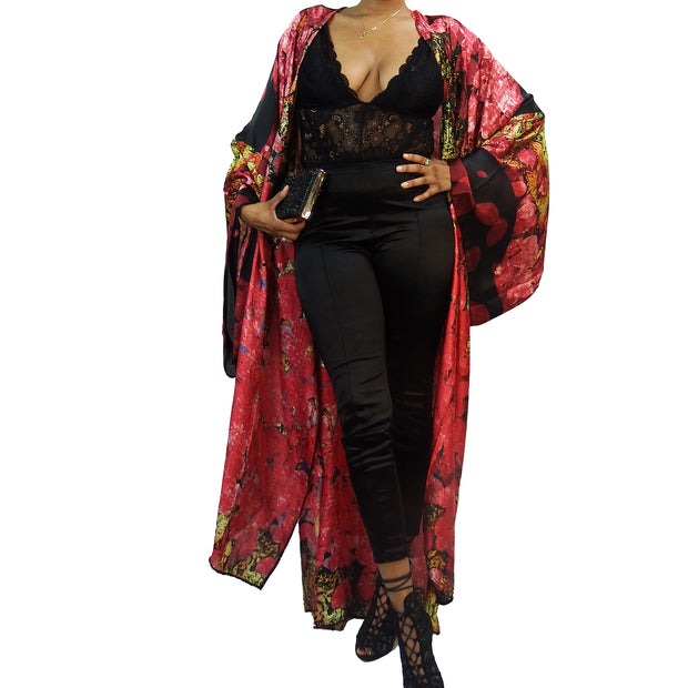 kimono duster robe worn over lace shirt and satin pants pink glod and black