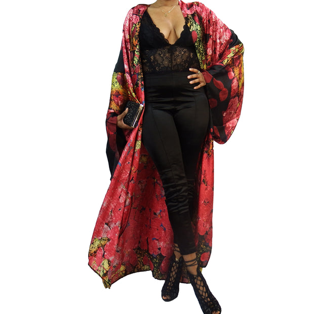 pink and black floor length satin kimono cardigan  layred over clothing